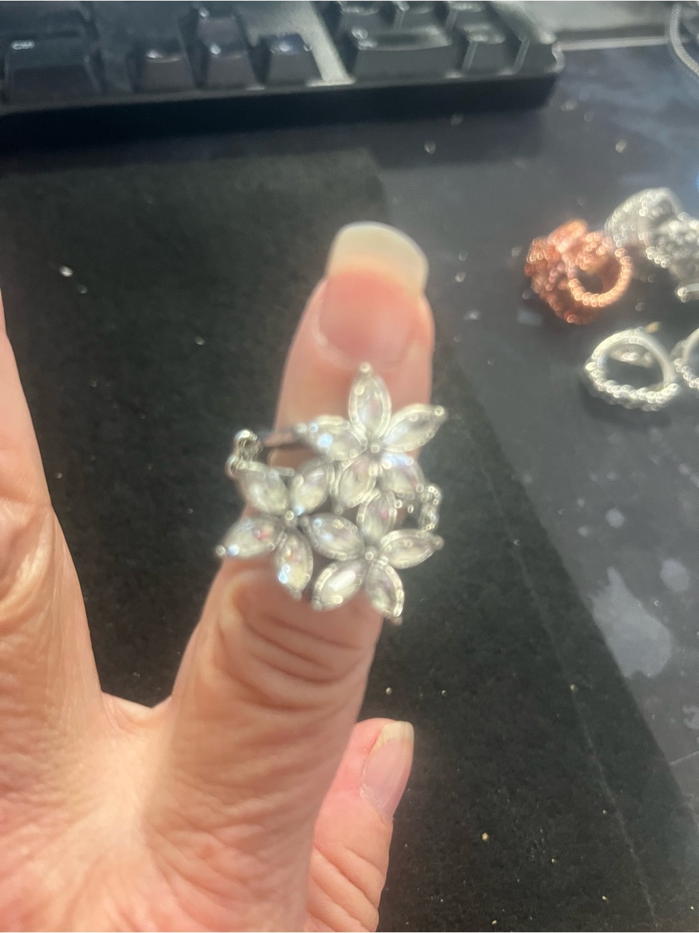 Silver Floral Cluster Ring with Clear Stones stretch